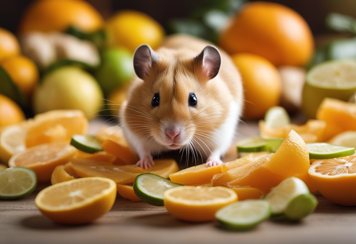 A hamster scrunches up its nose near a pile of citrus peels and onion slices