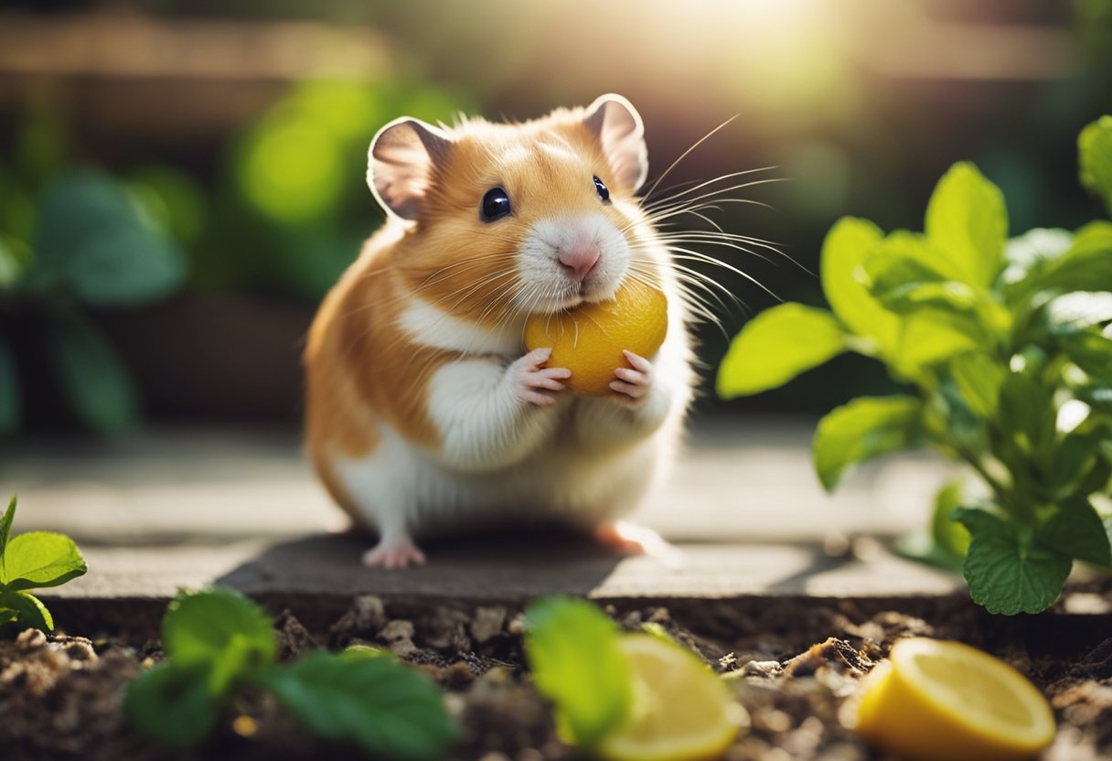 Hamsters crinkle their noses at strong scents, like citrus and mint. A hamster wrinkles its nose near a lemon and mint plant