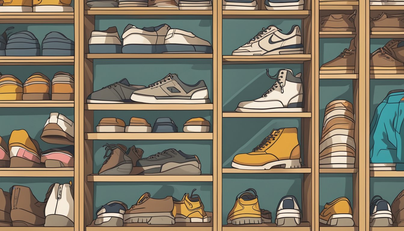 A shoe cabinet with labeled dimensions, surrounded by question marks and a crowd of curious onlookers