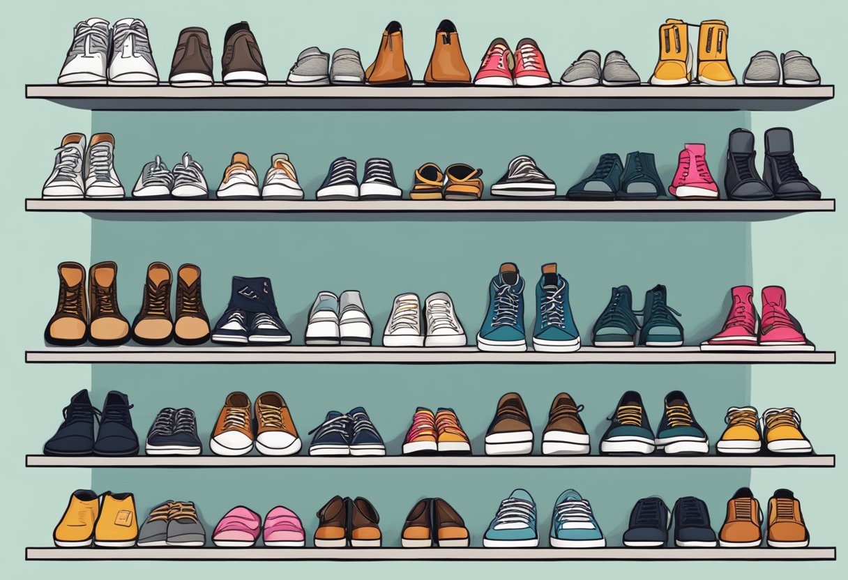 A variety of shoes arranged neatly on a shelf, including sneakers, flats, boots, and sandals. Different colors and styles to depict a versatile shoe wardrobe on a budget