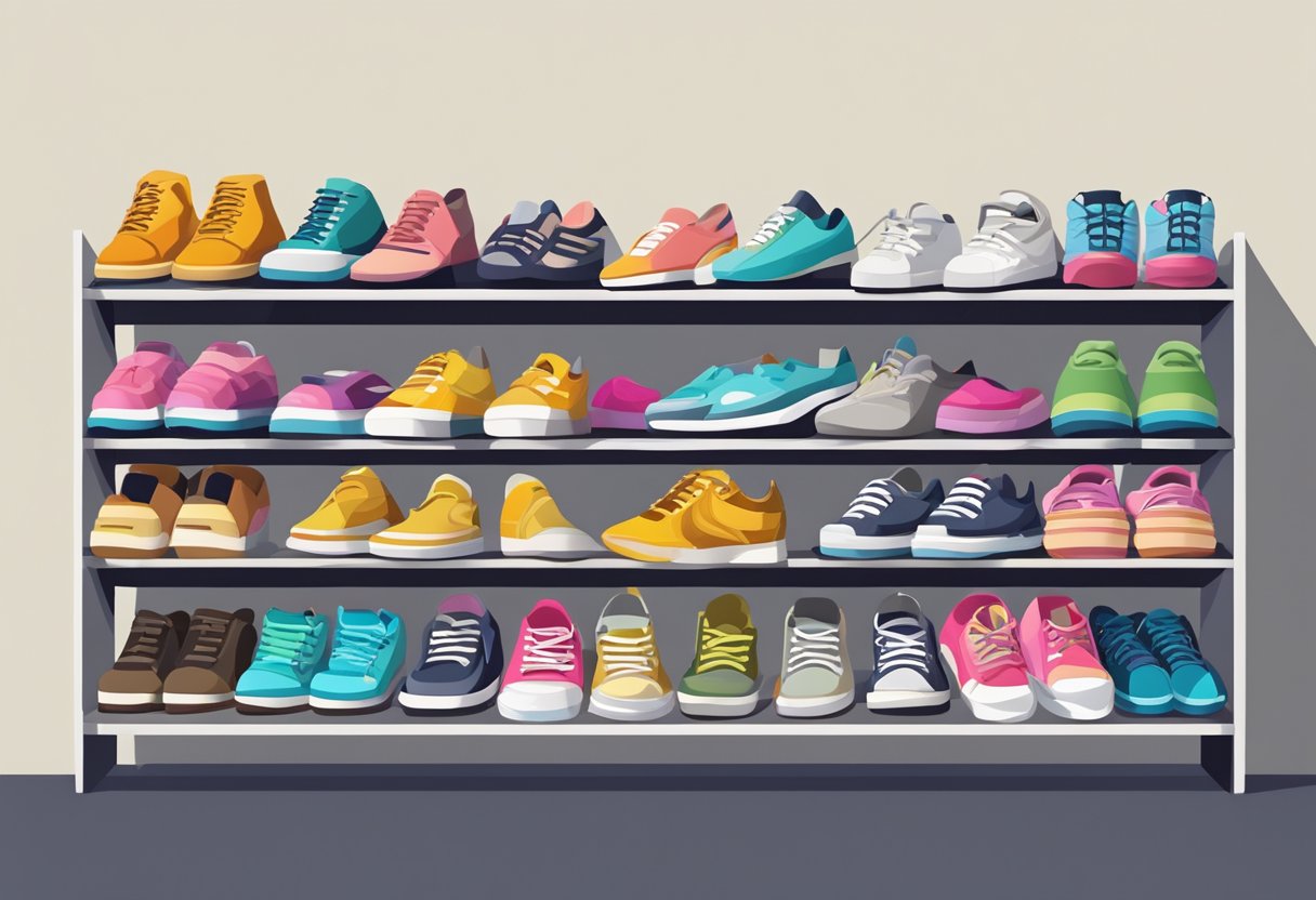 A shoe rack filled with various styles and colors, from casual sneakers to elegant heels, showcasing versatility on a budget