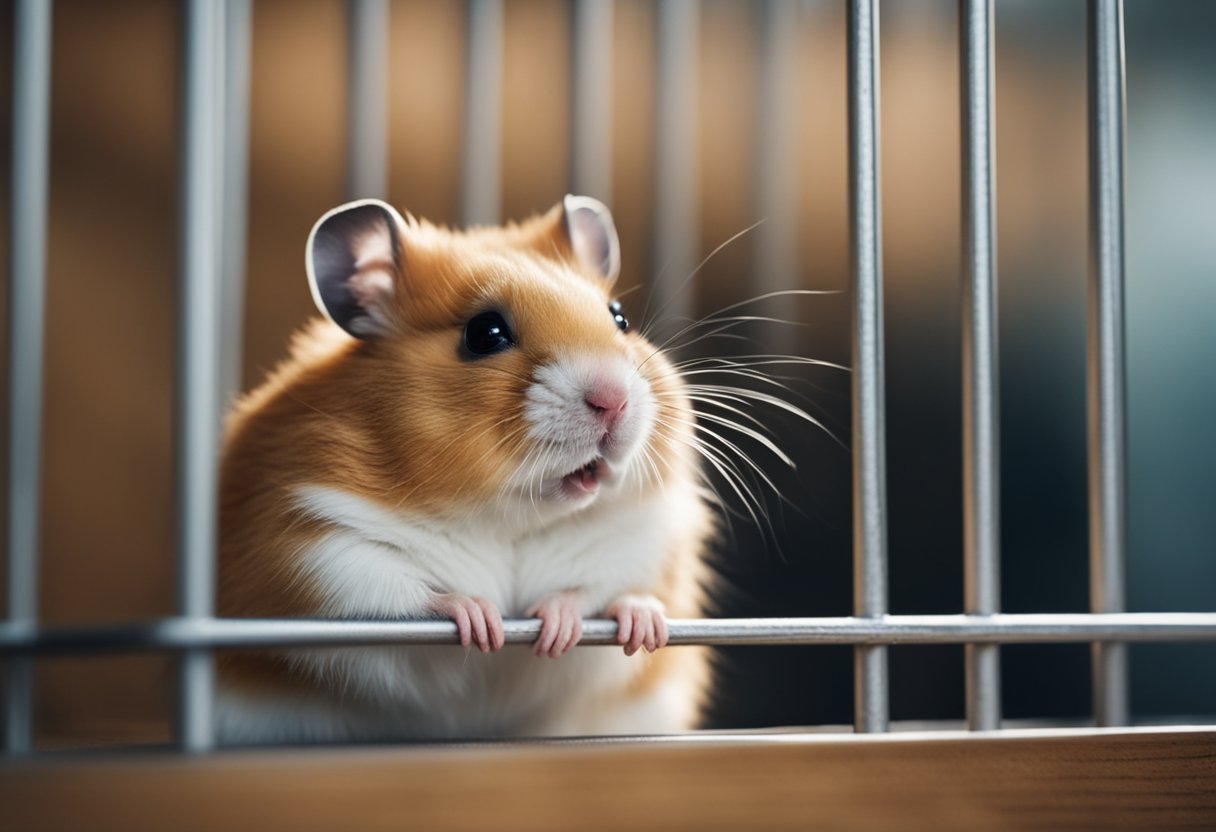 A hamster sits in a cage, tears streaming down its furry cheeks, as it looks out longingly through the bars
