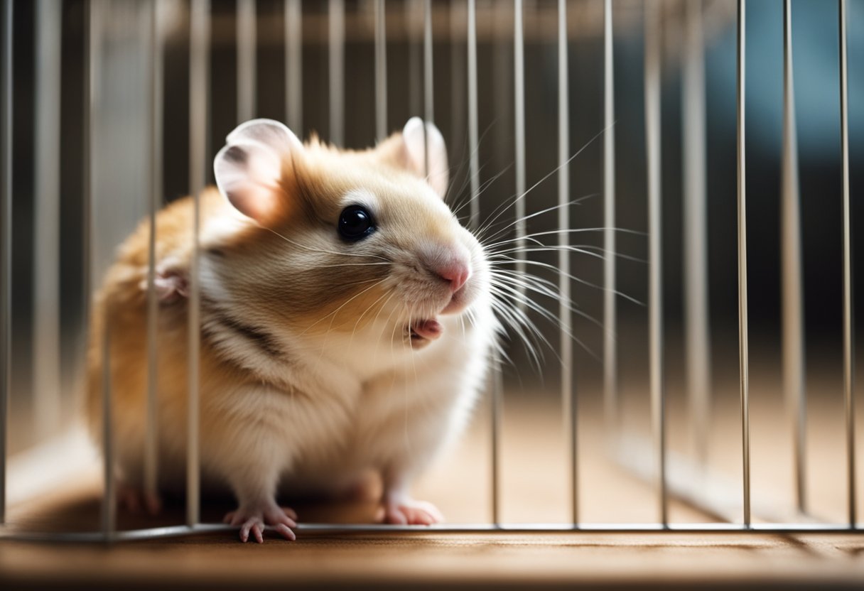 A hamster sits in its cage, tears streaming down its face, its little body shaking with emotion