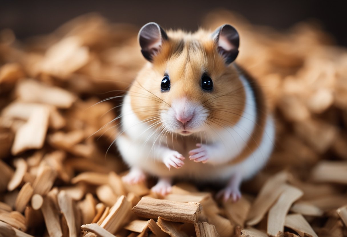 A hamster sits in a cage, surrounded by scattered wood chips and a water bottle. Its small, round eyes appear wet, and it emits a soft, high-pitched sound