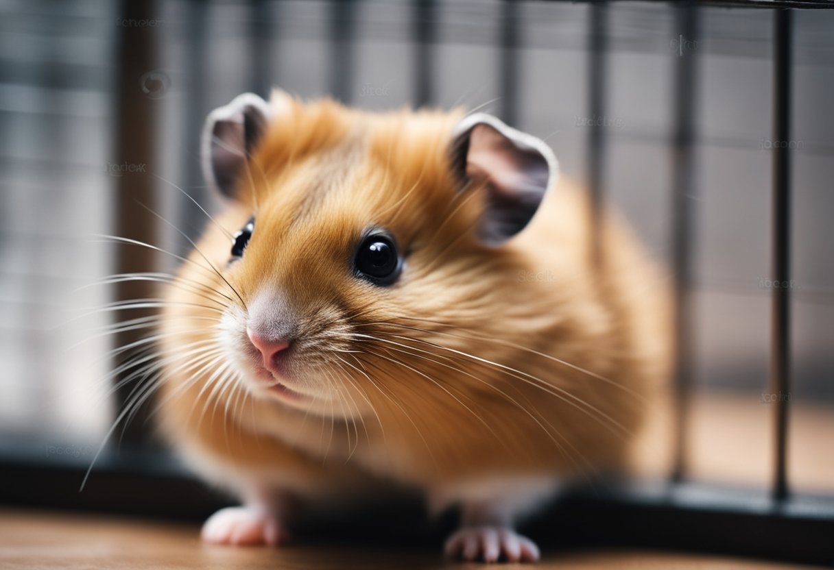A hamster sitting in a cage, with tears rolling down its cheeks and a sad expression on its face