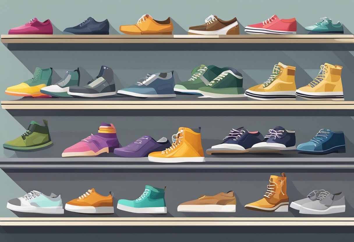 Shoes in various styles and colors arranged on a display shelf, with tags indicating the latest trends for the current season