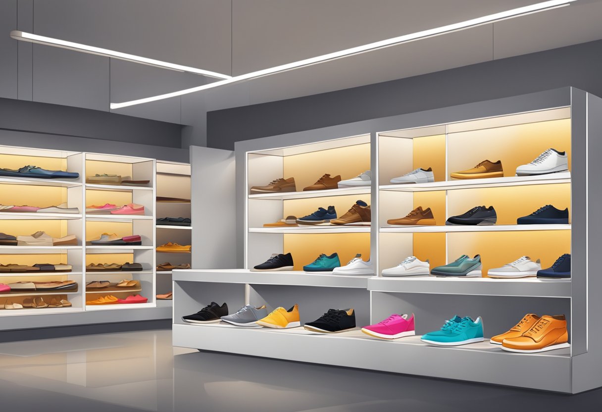 Shoes of various styles and materials displayed on shelves, with emphasis on innovative designs and textures. Bright lighting highlights the details