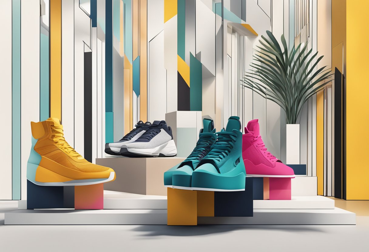 Shoe display with modern silhouettes and structural details. Bold colors and textured materials