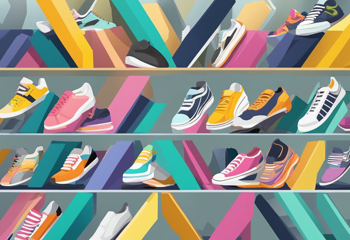 A colorful array of sleek, modern sneakers and stylish, patterned flats are neatly displayed on a clean, minimalist shelving unit in a bright, spacious store