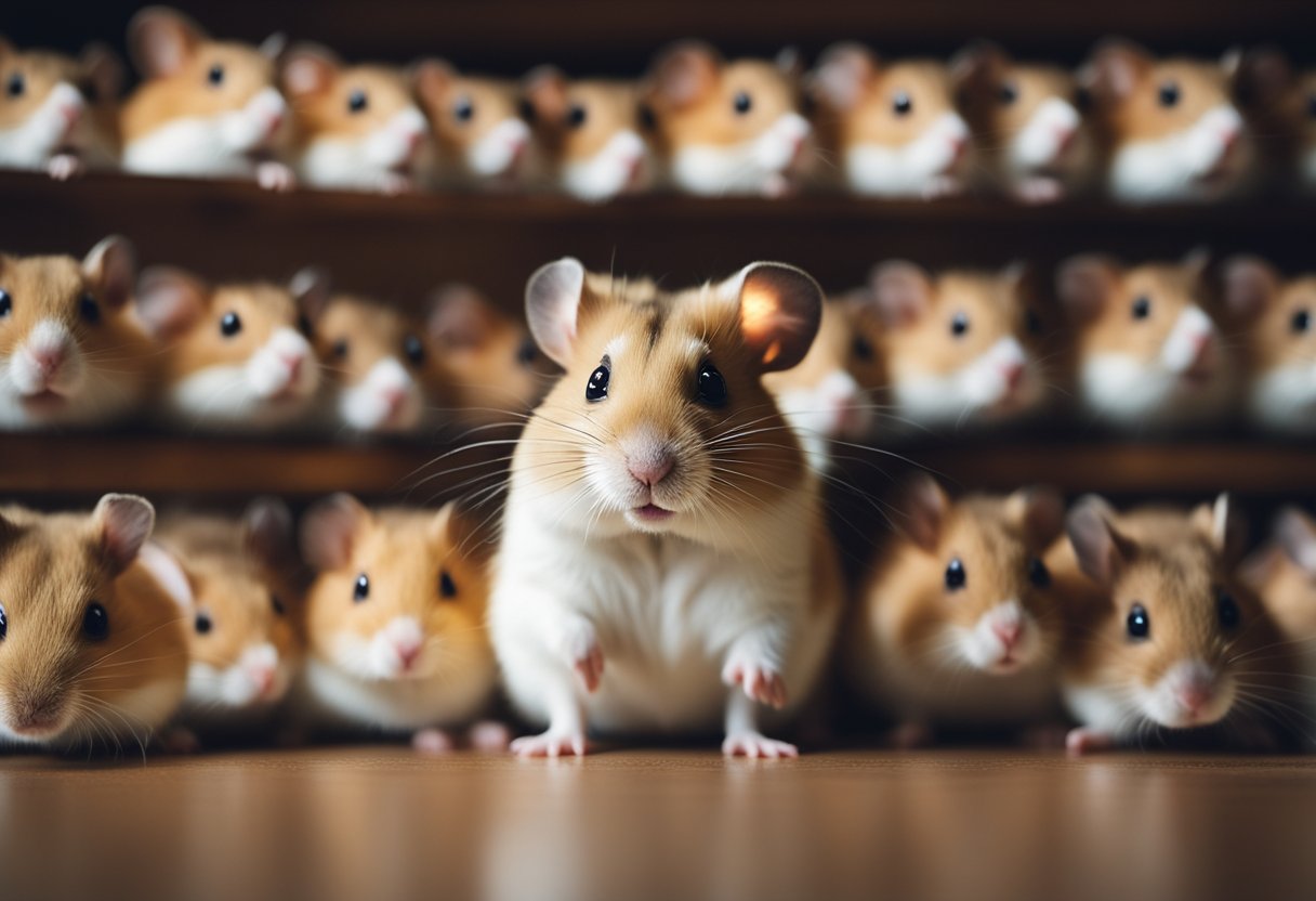 A hamster peers curiously at a series of faces, sniffing and studying each one intently