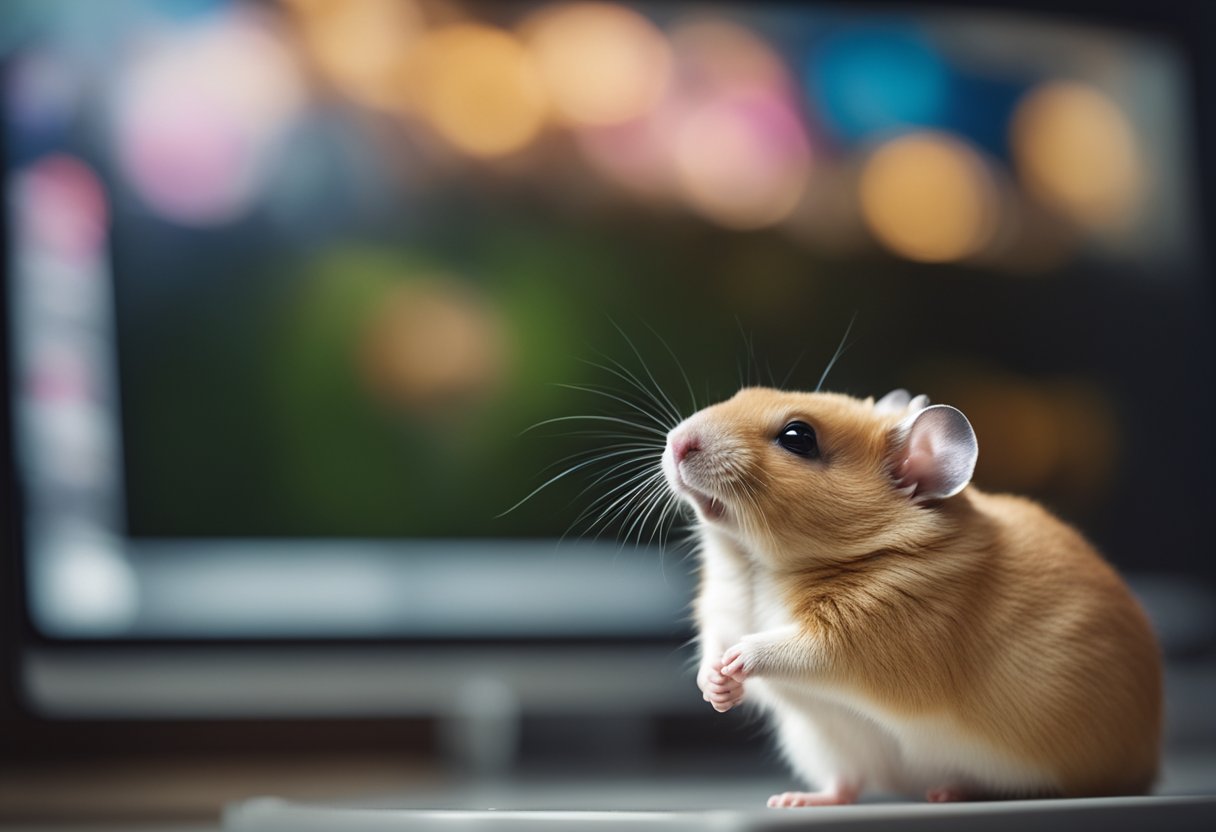 A hamster sits in front of a screen showing different faces. It looks closely, sniffing and studying each image with curiosity