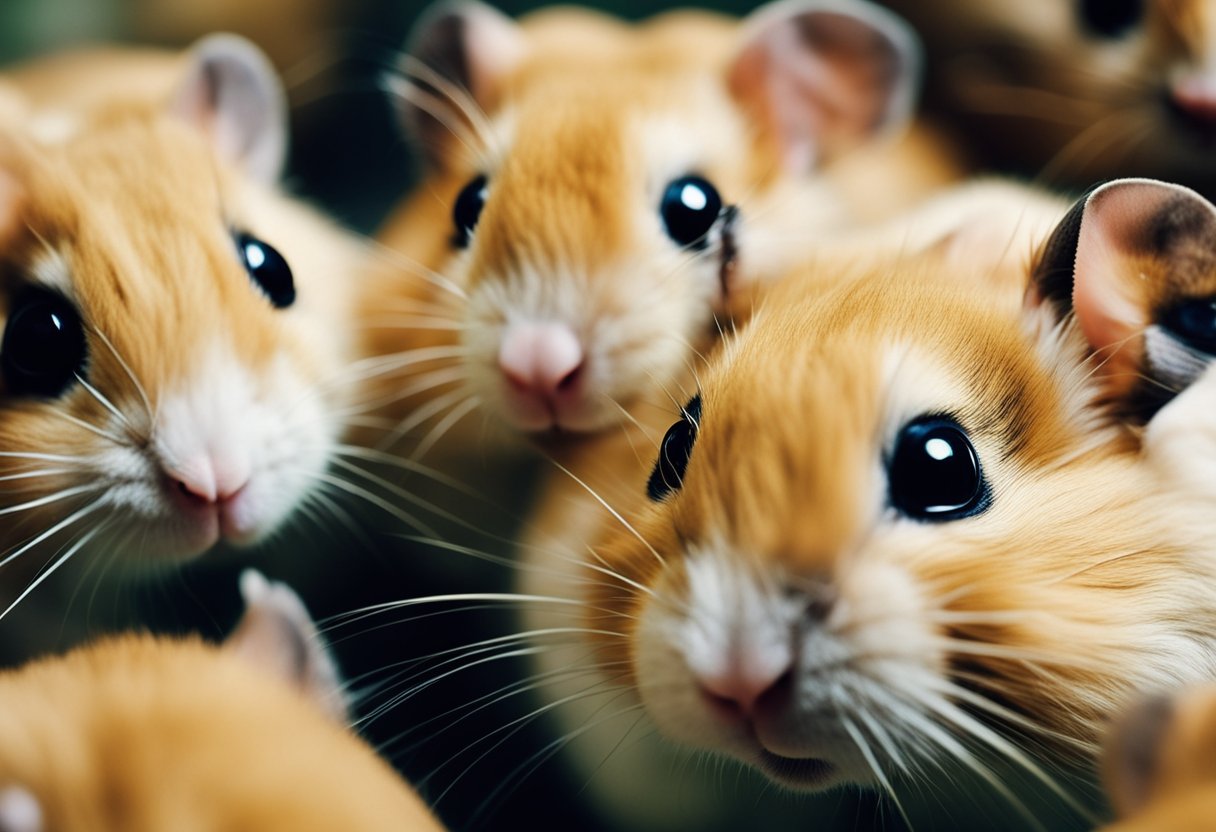 A group of hamsters gather around a familiar face, their ears perked up and noses twitching with curiosity