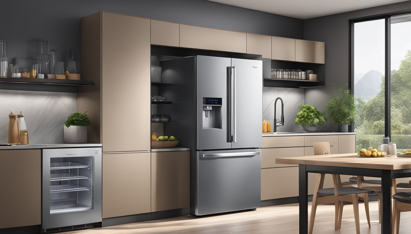 A Midea refrigerator stands in a modern kitchen, its sleek design and stainless steel finish catching the light. The door is slightly ajar, revealing neatly organized shelves of food and beverages inside