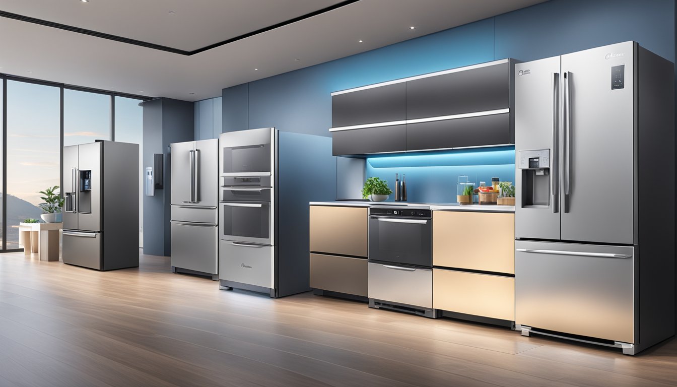 Various Midea refrigerator models lined up in a showroom, with sleek designs and modern features. Bright lighting highlights the stainless steel finishes and digital displays