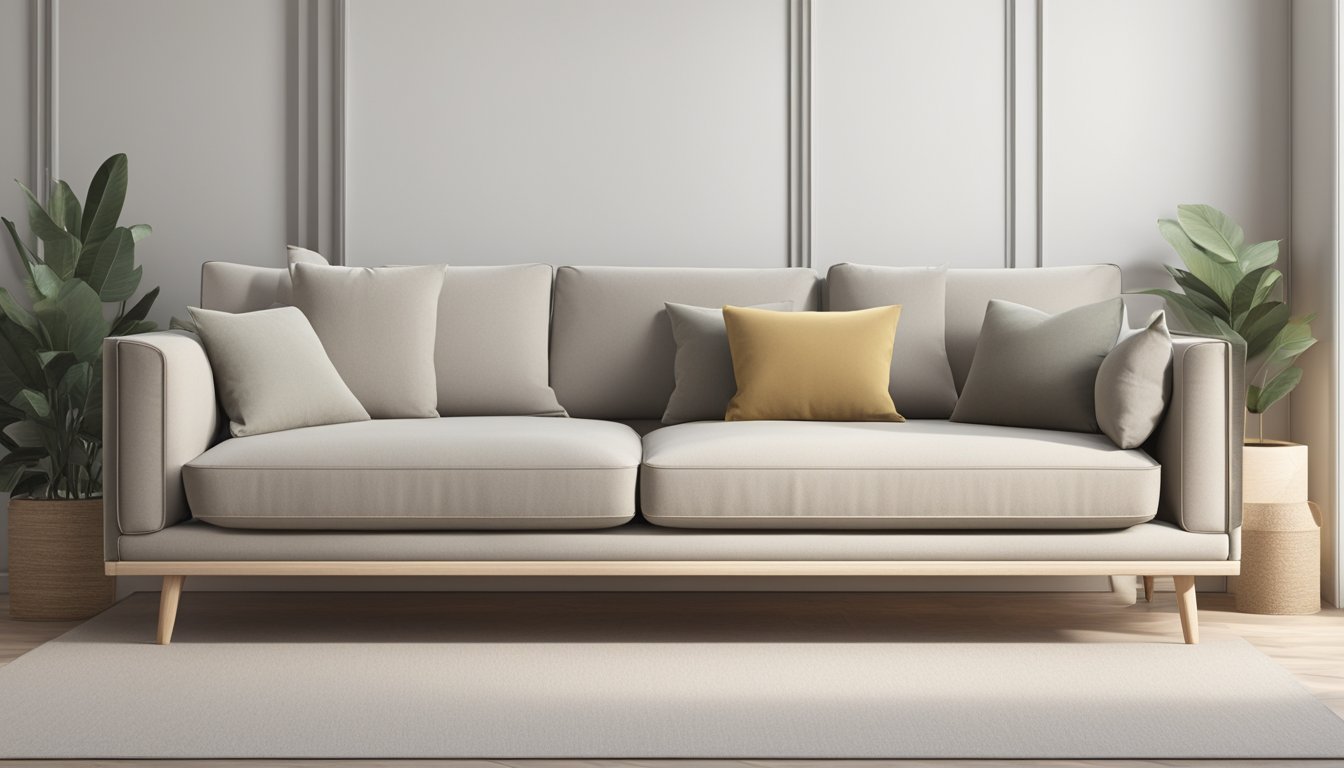 A wood frame sofa sits against a white wall, with clean lines and minimalistic design. The sofa is adorned with neutral-toned cushions, creating a modern and aesthetically pleasing look