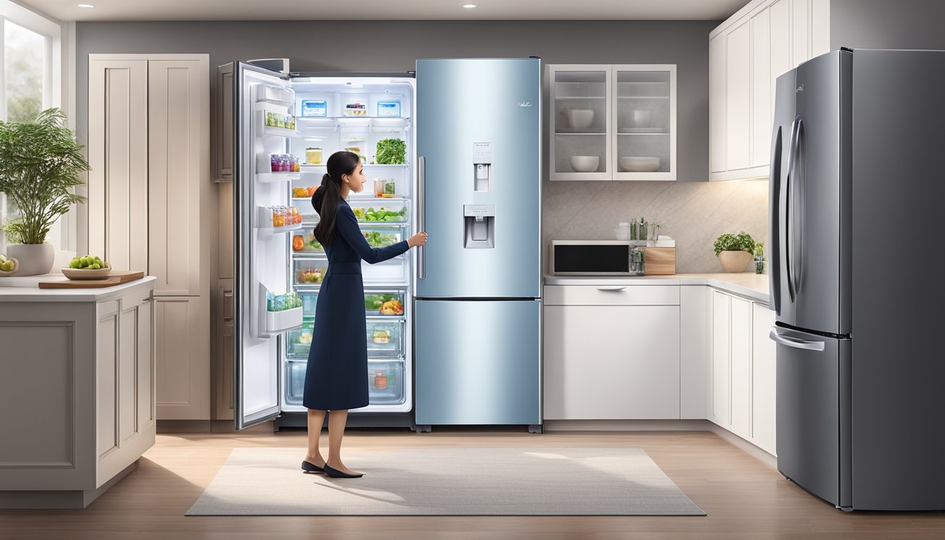 A sleek Midea refrigerator with advanced features, illuminated touch control panel, and a spacious interior. A customer service representative assists a satisfied customer with a smile