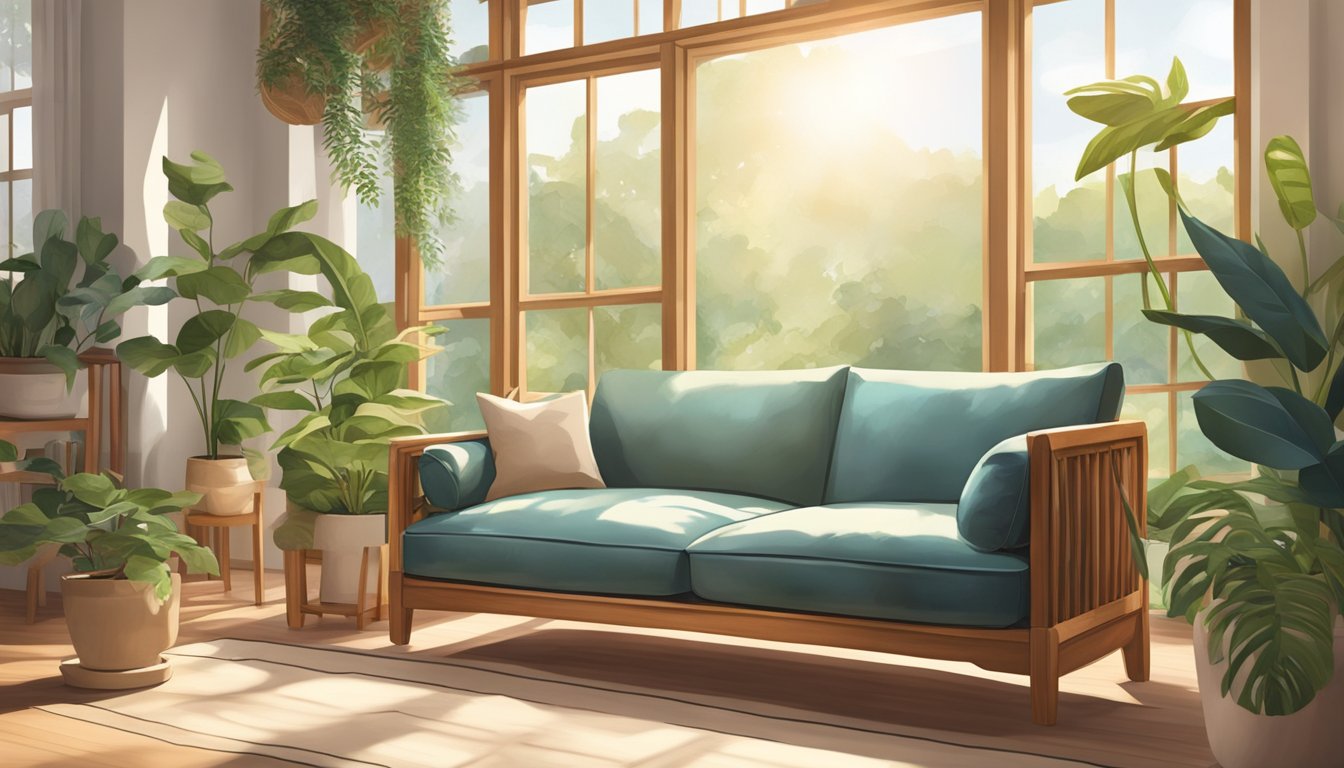 A sturdy wood frame sofa sits in a sunlit room, surrounded by plants and eco-friendly decor
