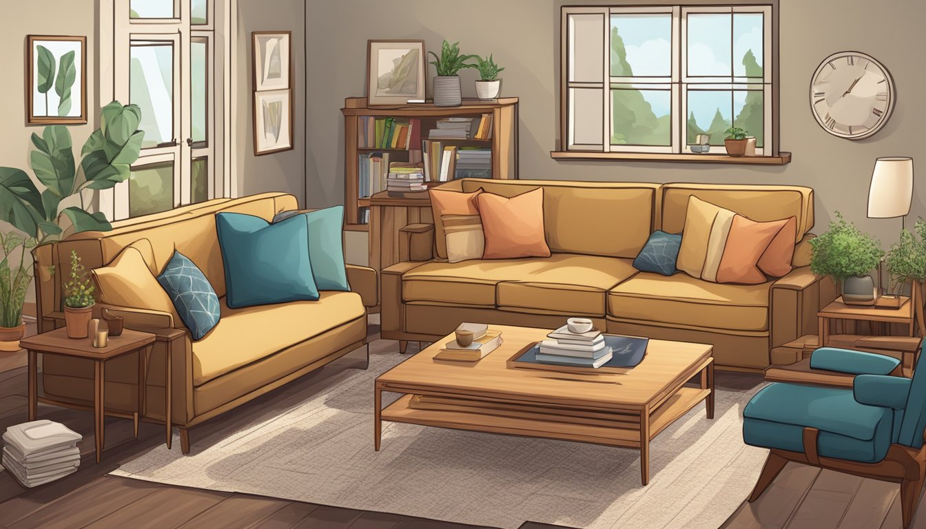 A cozy living room with a wood frame sofa surrounded by various frequently asked questions related to the furniture piece