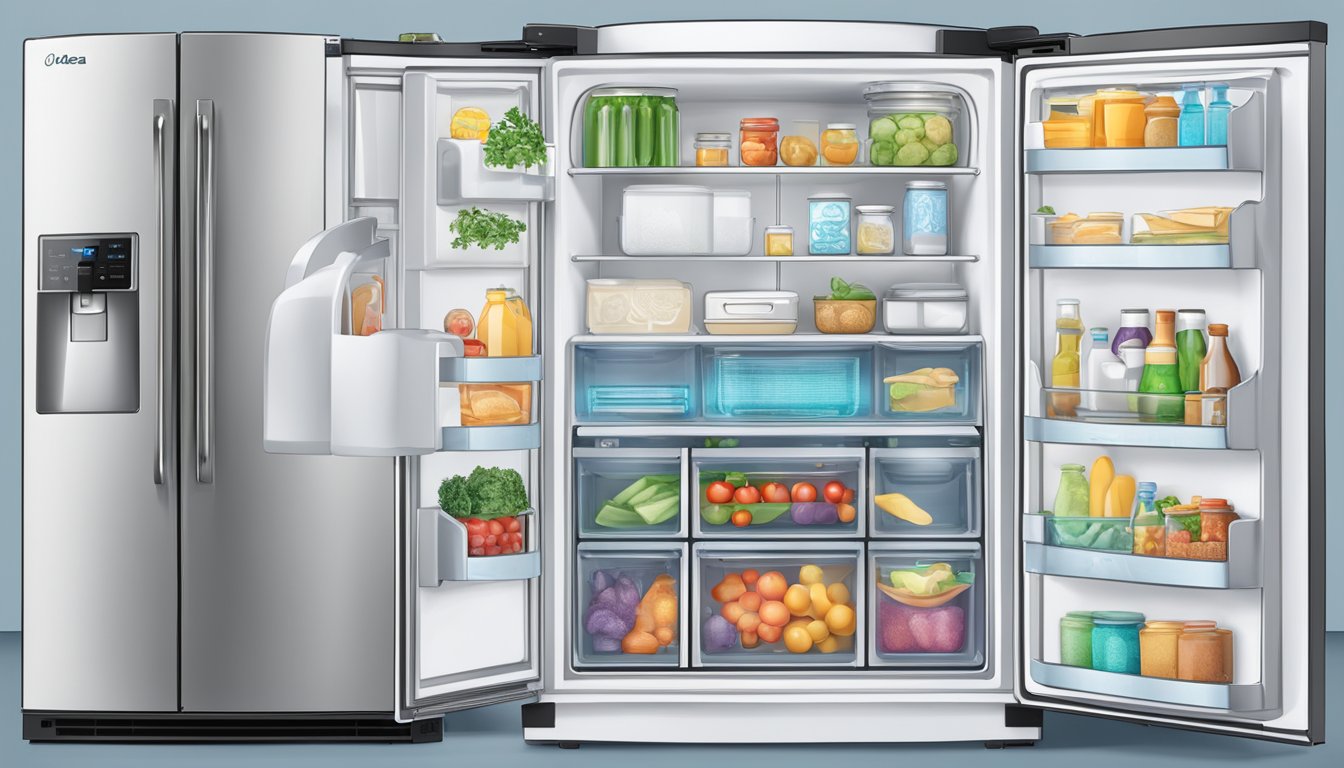 A Midea refrigerator surrounded by question marks and a list of frequently asked questions