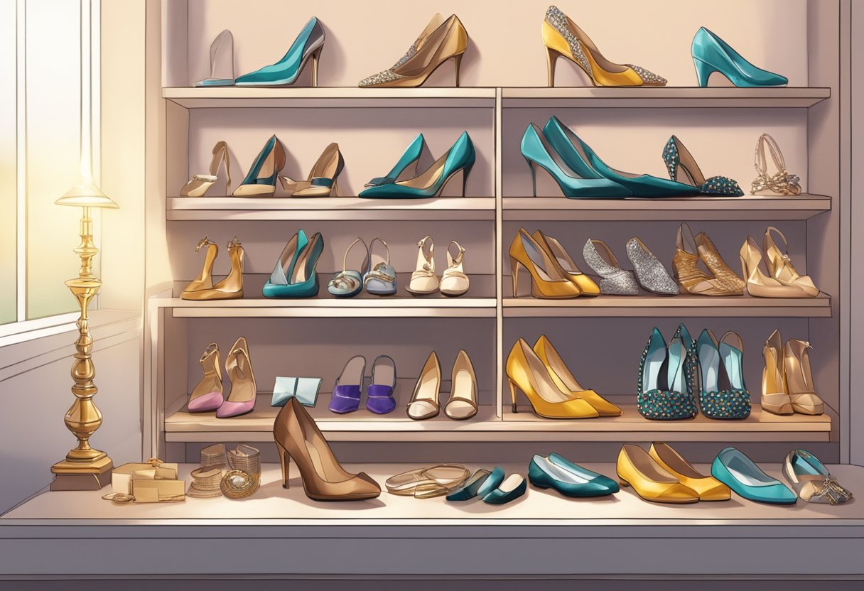 A pair of shoes sitting on a shelf, surrounded by various accessories like jewelry, scarves, and a clutch bag. The lighting changes from natural daylight to soft evening ambiance