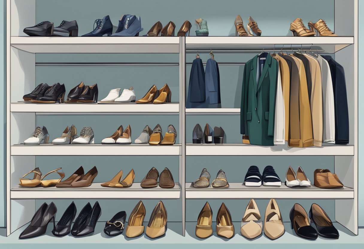 Shoes placed on a shelf, surrounded by various outfits. Daytime attire on one side, evening wear on the other. Lighting shifts to indicate the transition from day to night