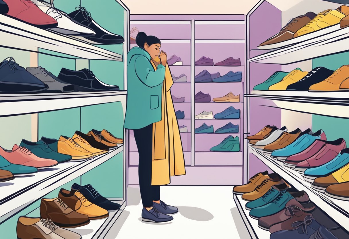 A person choosing shoes from a rack, with a variety of styles and colors, representing the transition from day to night looks