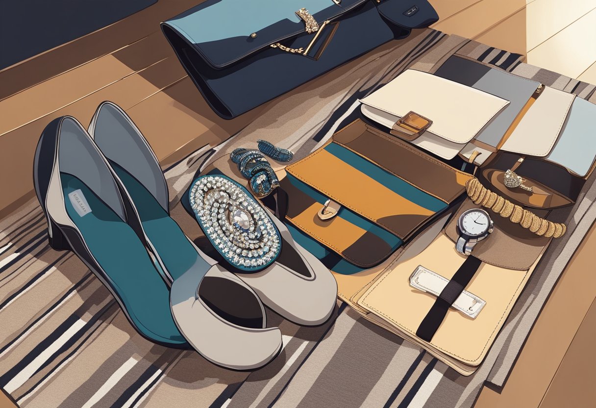 A pair of shoes placed on a stylish rug, surrounded by a selection of accessories such as a clutch, jewelry, and a scarf. The background could include a day-to-night transition, such as a sunset or city lights