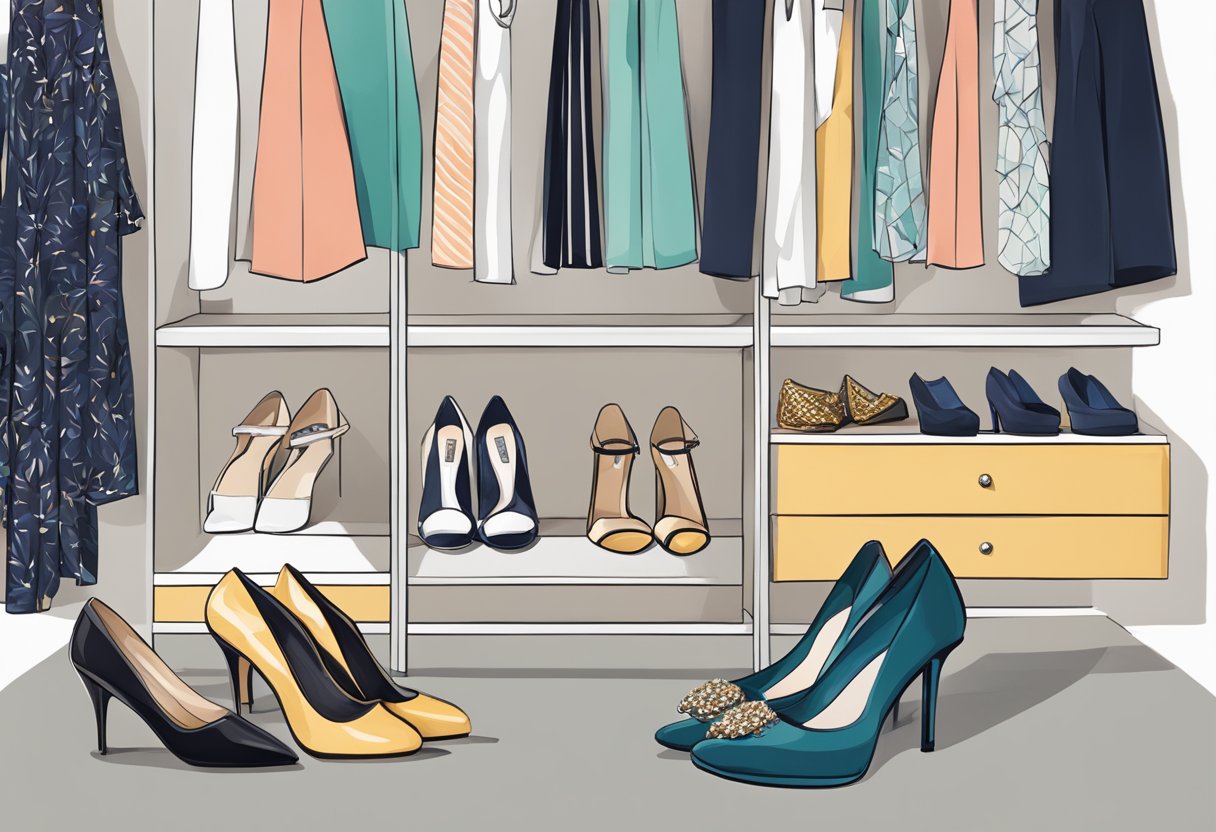 Shoes on a shelf, with daytime and nighttime outfits nearby. Accessories like jewelry and a clutch are also present