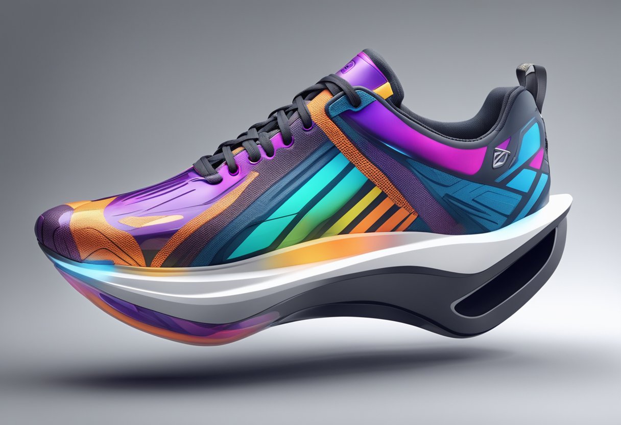 Sleek, futuristic shoe designs with advanced cushioning and support. High-tech materials and innovative construction methods. Bold colors and patterns