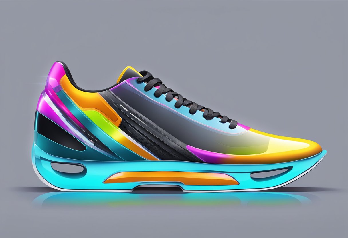 A sleek, futuristic shoe design with advanced technology features, highlighted by vibrant colors and sleek lines