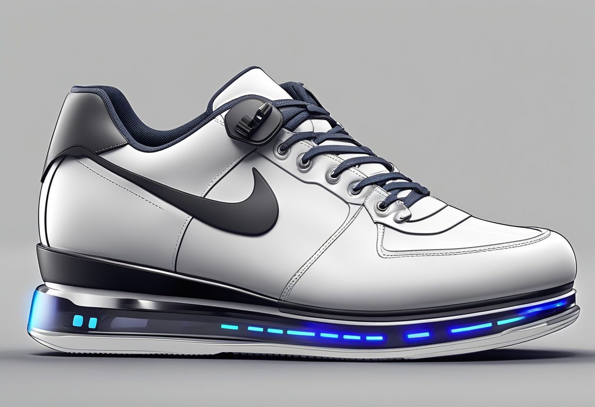 A sleek, modern shoe with built-in sensors and LED lights. It connects to a smartphone app for tracking steps and adjusting fit