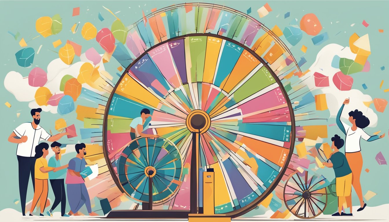 A spinning wheel with colorful segments, surrounded by excited participants reaching to pull out a slip of paper from a box labeled "lucky draw ideas."