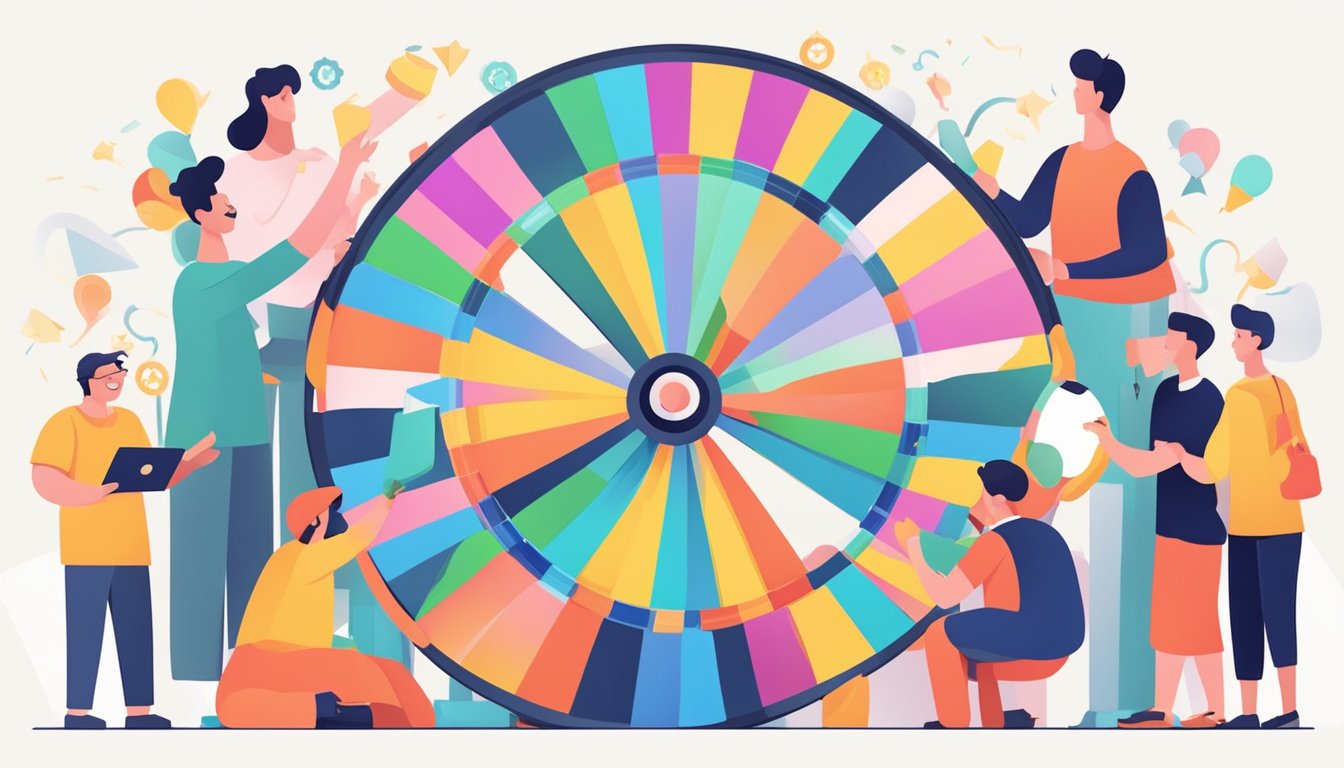 A colorful wheel spinning with various prizes, surrounded by excited participants eagerly awaiting the results