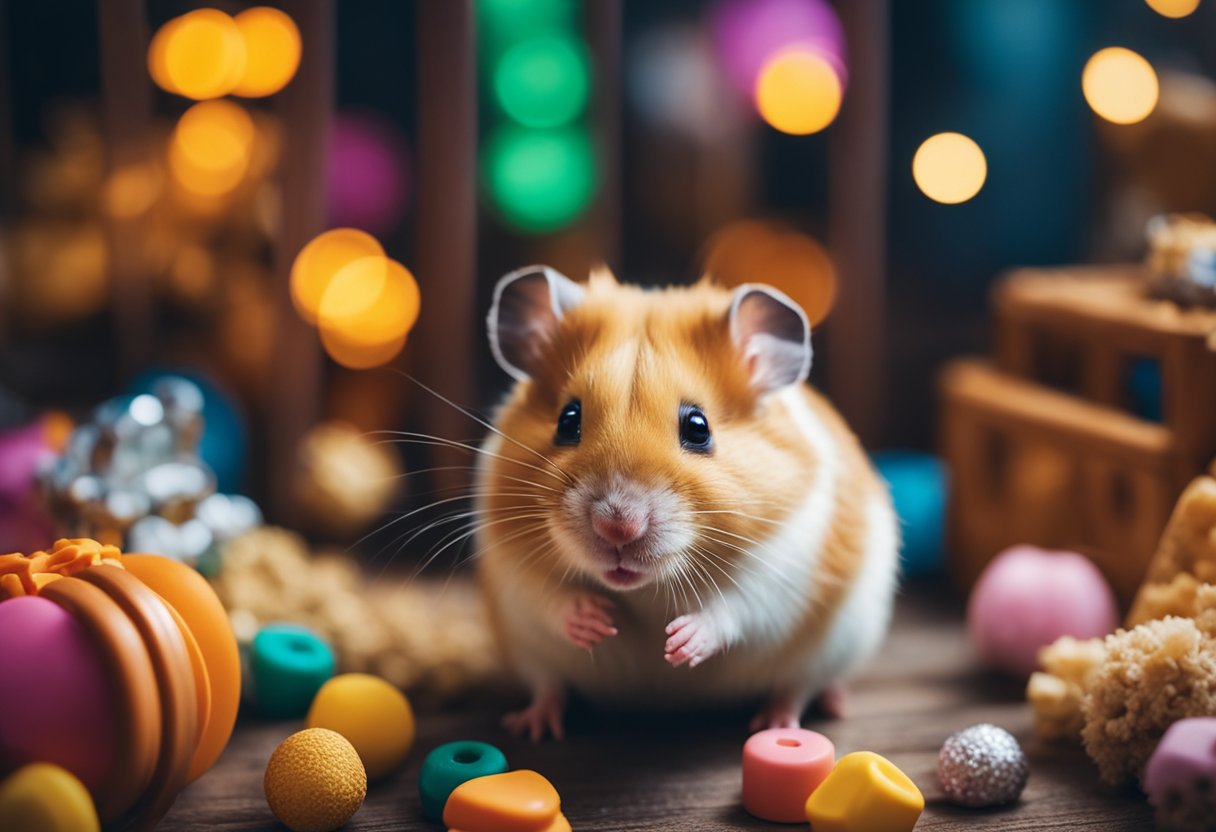 A hamster nestled in a cozy, colorful cage, surrounded by toys and treats, while being gently petted and talked to by its owner