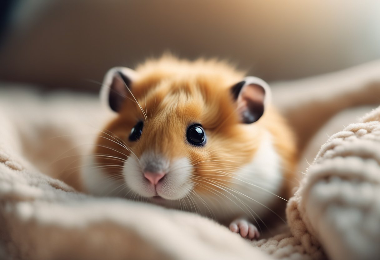 A hamster nuzzles against a soft toy or nestles in a cozy, warm bedding, showing contentment and affection
