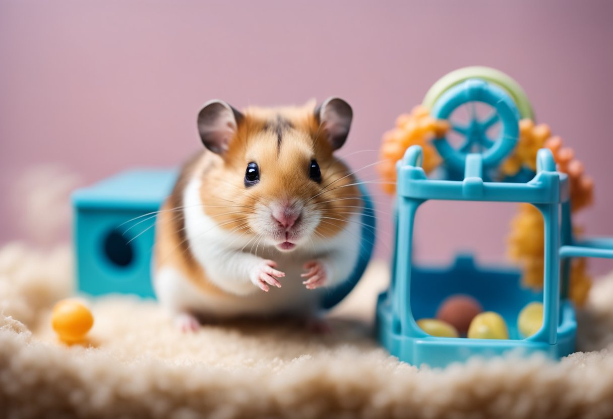 The hamster sits in a cozy, clean cage with fresh bedding and plenty of food and water. She is playing with her toys and running on her wheel, showing signs of happiness and contentment