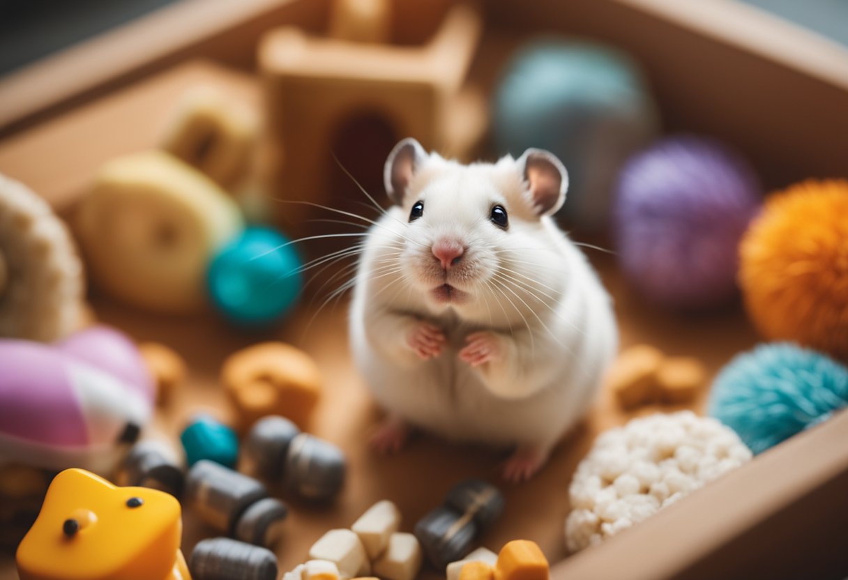 A hamster surrounded by toys, treats, and a cozy bed, with a gentle petting motion and a happy expression