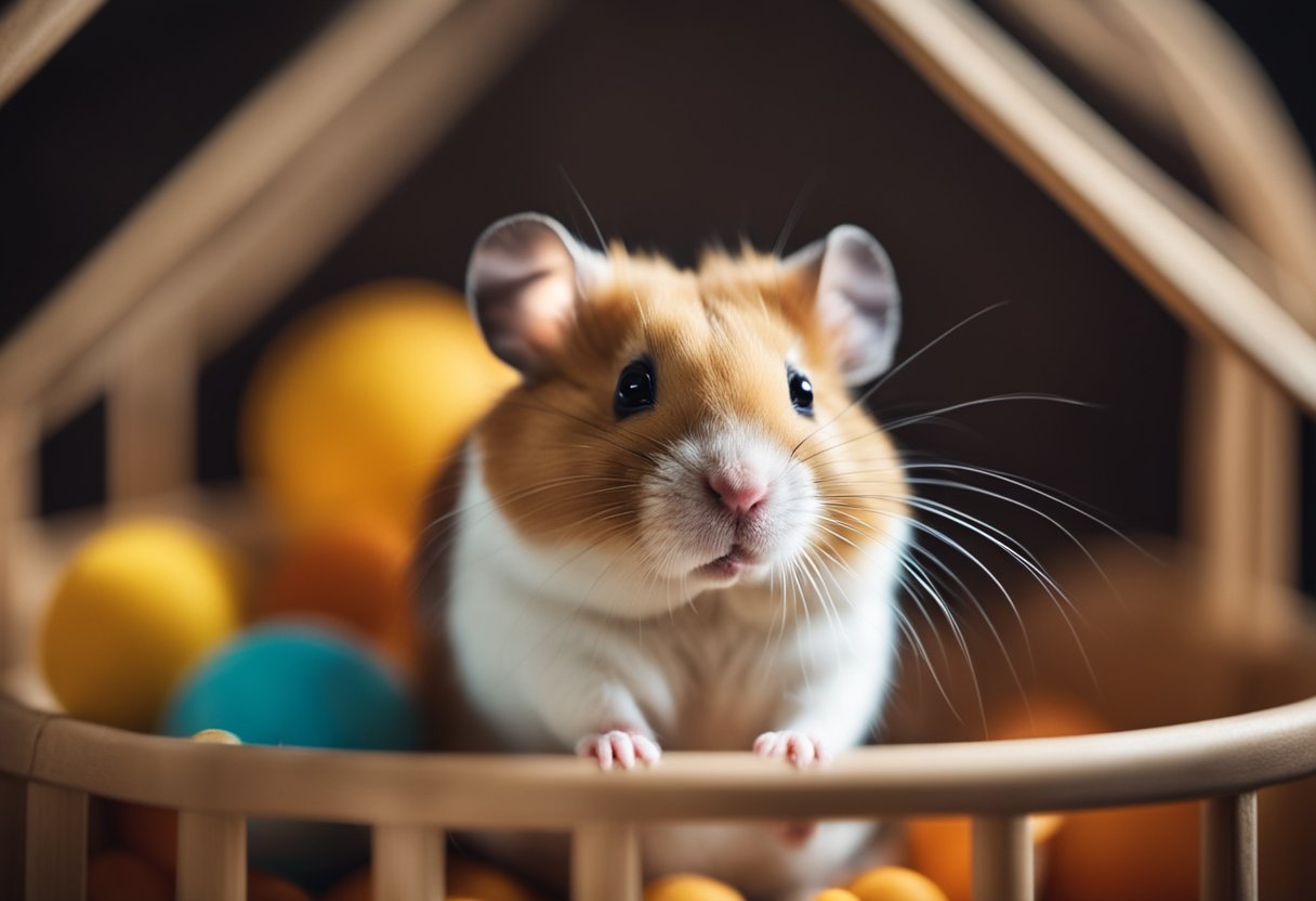 A hamster sitting in a cozy, clean cage with fresh bedding and plenty of toys and treats, with a gentle, soothing voice speaking to her