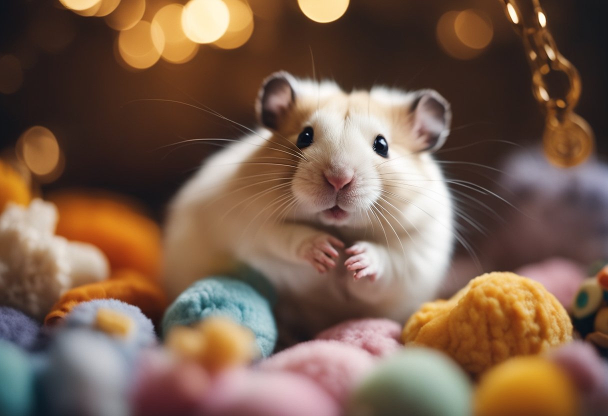 A hamster sits in a cozy cage with a variety of toys and treats. A hand reaches in to gently stroke her fur, while she snuggles into a soft bedding material