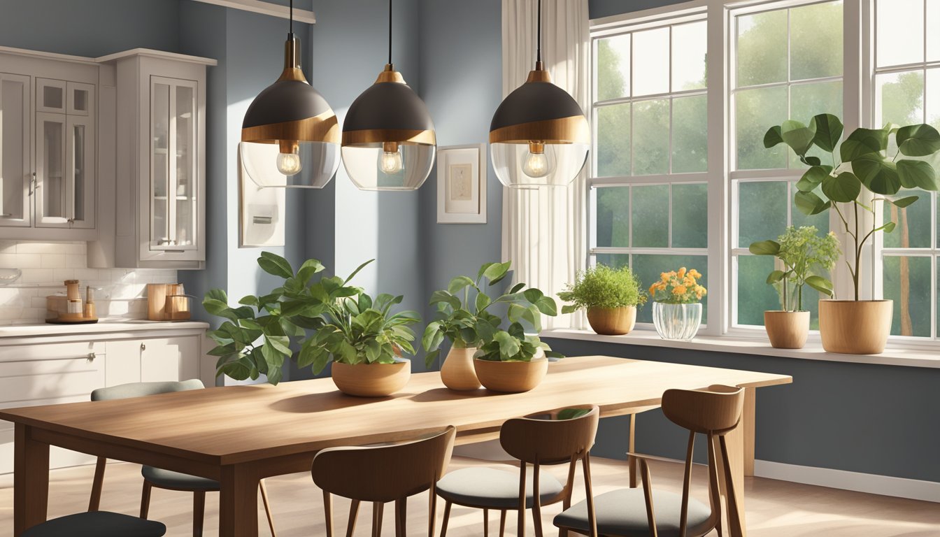 A cozy dining area with a wooden table, chairs, and a hanging pendant light. A large window lets in natural light, and there are plants and a vase of flowers on the table