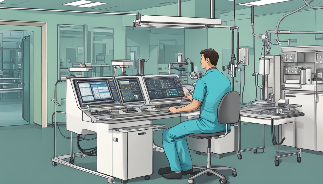 A cardiology technologist operates medical equipment in a hospital setting