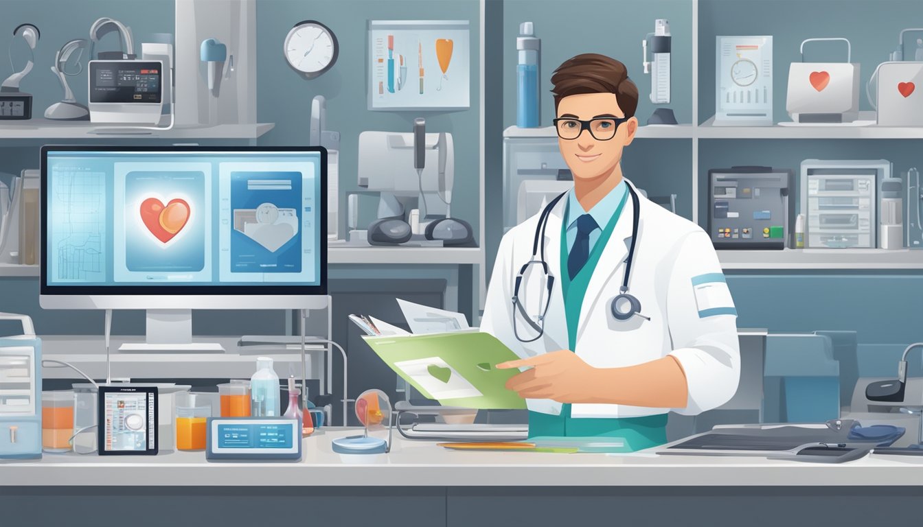 A cardiology technologist holding a certification and licensure card, surrounded by medical equipment and a heart monitor