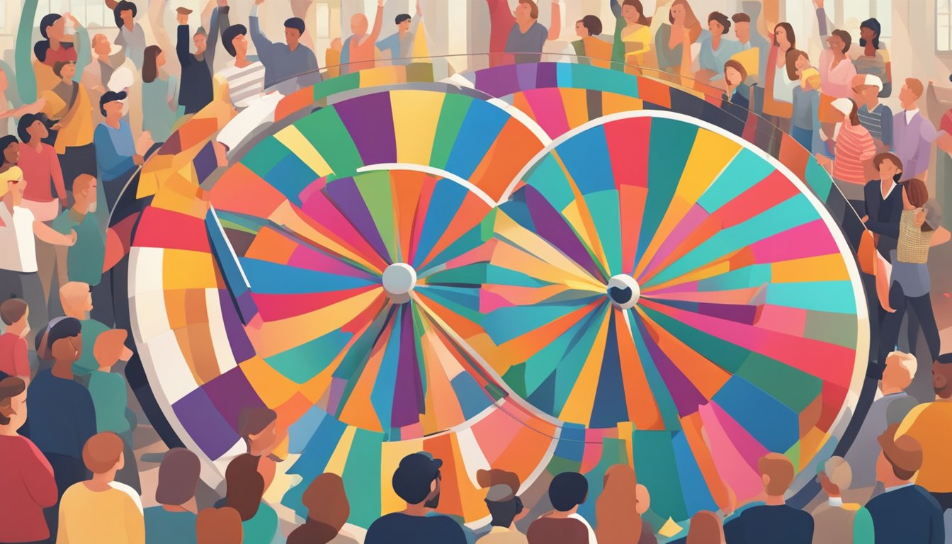 A large spinning wheel with colorful sections, surrounded by a crowd of excited people