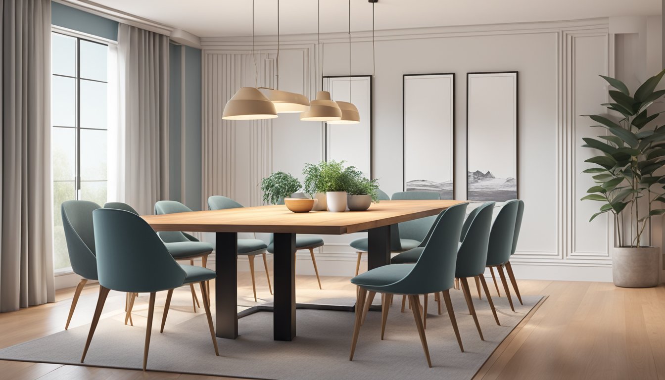 A spacious dining area with a large wooden table, surrounded by modern chairs. Soft lighting and a minimalist decor create a cozy and inviting atmosphere