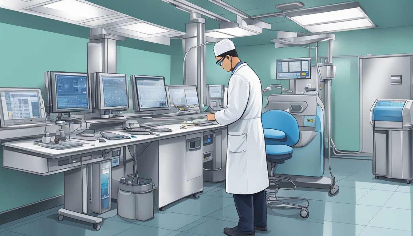 A cardiology technologist preparing and operating diagnostic equipment in a hospital setting