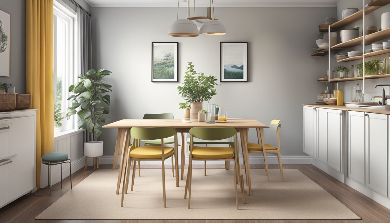 A dining area with a foldable table and stackable chairs, under shelves with storage baskets, and a wall-mounted mirror to create the illusion of more space