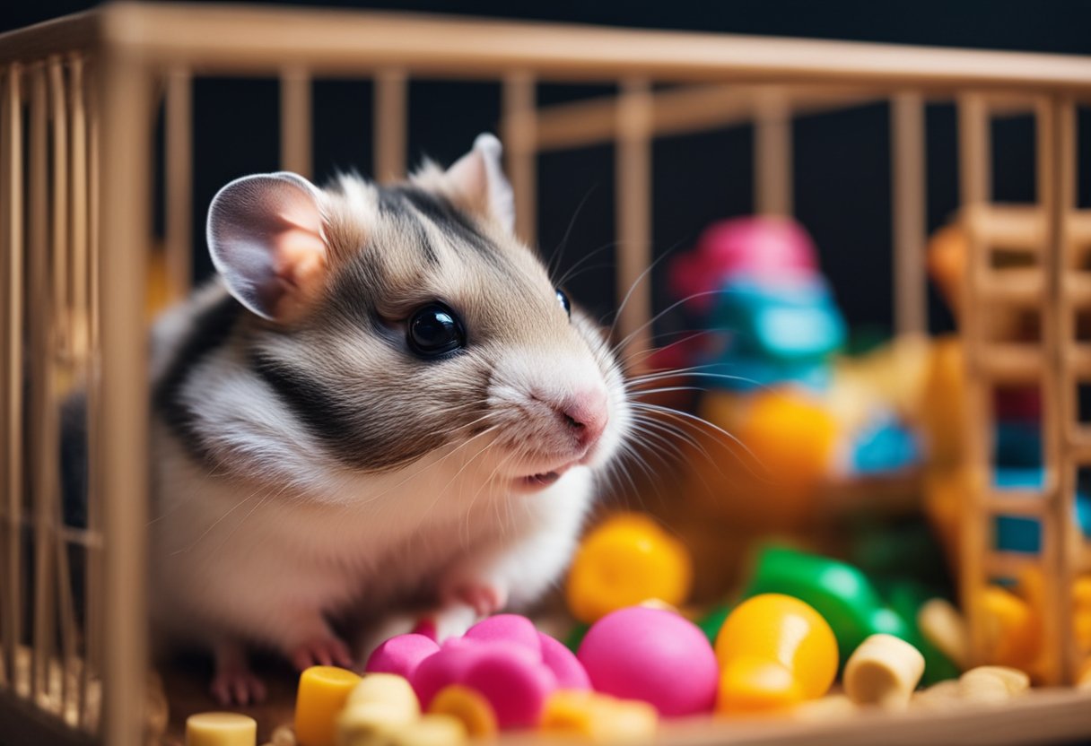 A small hamster sits in a cozy cage, surrounded by colorful toys and treats. A gentle hand offers a sunflower seed, and the hamster's eyes light up with joy