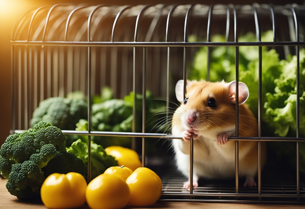 A sad hamster sits in a cozy cage with drooping ears and a pouting expression. A bright yellow chew toy and a pile of fresh veggies sit nearby, waiting to bring joy to the little rodent