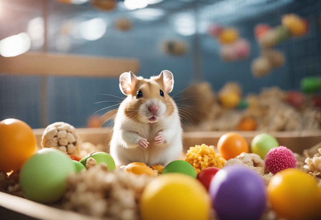 A hamster sits in a spacious cage with plenty of toys, a wheel, and fresh bedding. A variety of healthy snacks and treats are scattered around the cage