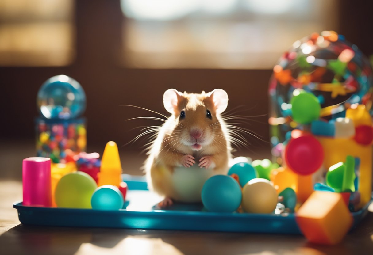 A hamster sits in a cage, surrounded by colorful toys and treats. Its water bottle is full, and the sun shines through the window, creating a warm and cozy atmosphere